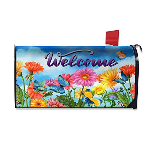 Image of Spring Summer Welcome Flowers Mailbox Covers Magnetic Standard 21 inch x 18 inch Fluttering Butterflies Decoration Wrap Post Letter Box Cover for Home Garden Yard Outdoor Decor
