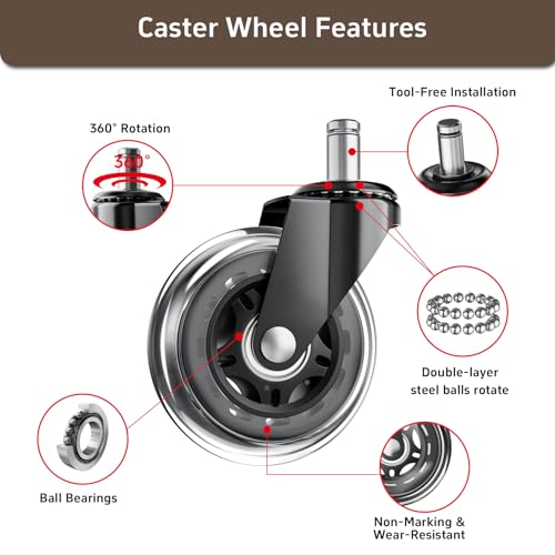 Image of Office Chair Wheels for Hardwood Floor, 5 Pack 3 Inch Heavy Duty PU Caster Wheels, Replacement Casters Universal Stem, Quiet & Smooth for Most Chairs