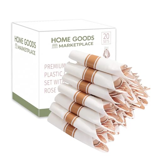 Rose Gold Plastic Silverware Pre-Rolled Sets; Fork, Spoon, and Knife Rolls, Pack of 20 Pre-Rolled Sets