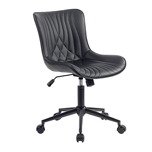 Image of YOUTASTE Black Modern Office Chair, Armless Swivel PU Leather Desk Chair with Wheels, Height Adjustable Rolling Computer Chair with Metal Legs for Bedroom, Home Office, Study, or Vanity