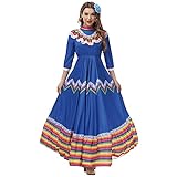 STIOEDYUAN Women Mexico Costume Dress for Big Girl Halloween Traditional Senorita Dance Folk Style Cinco De Mayo Fiesta Flower Headwear (Blue, X-Large)