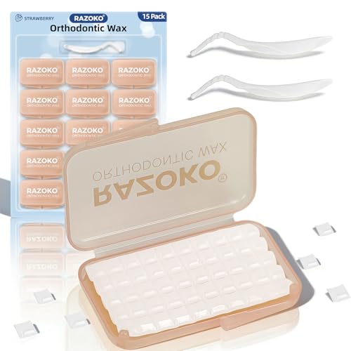 RAZOKO Cera ortodóntica para aparatos ortopédicos, 50 unidades por caja, tiras de cera de dientes de larga duración aptas para alimentos, sabor a fresa, 750 puntos precortados