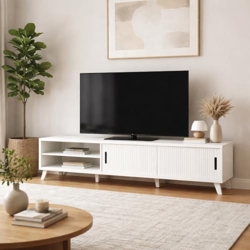 Modern 160cm White TV Cabinet with Grooved Sliding Doors Wooden Entertainment Unit with Open Shelves & Cable Management Hole 40cm Depth and 43cm Height Media Console for Living Room