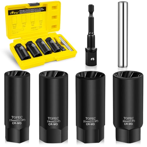 Image of Topec 6PCS Deep Lug Nut Removal Tool, 1 /2 inch Drive Lug Nut Extractor Set, 17,19,21,22MM Wheel Lock Removal Kit, Spark Plug Extractor Socket Set for Stripped, Rounded, Damaged Bolts & Studs