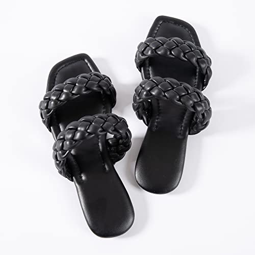 Image of Mtzyoa Women Flat Sandals Raffia Braided Summer Straw Dressy Casual Vacation Bohemian Cute Beach Comfy Slip On Slides