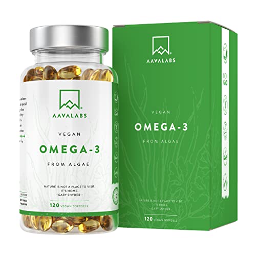 Omega 3 Vegano AAVALABS [ 1100 mg ] - de Aceite de Algas de Origen Vegetal Sostenible 600 mg DHA + 300 mg EPA por Dosis Diaria - Pureza Nórdica - 100% Vegano - 120 Cápsulas Blandas