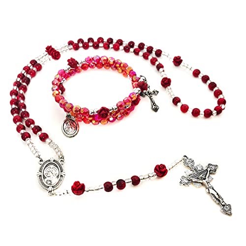 Catholic Christian Sacred Heart of Jesus Red Rose Rosary and Rosary Bracelet Set - Rosary & Virgin Mary Our Lady of Graces Medal Bracelet3