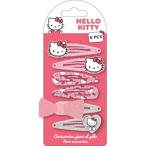 Ganchos para el cabello Hello Kitty 6 piezas para niñas | Set de broches metálicos rosas con glitter, moño decorativo y diseños originales Sanrio
