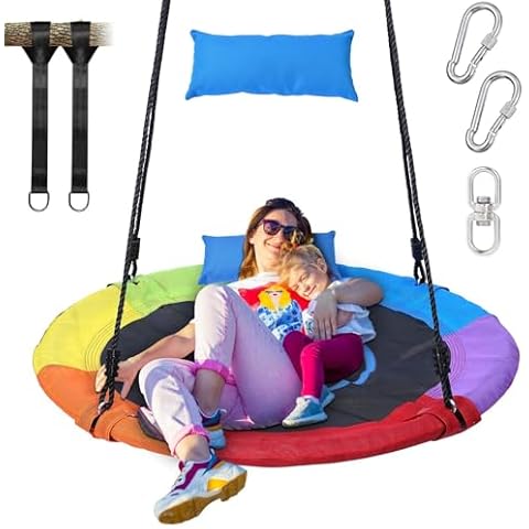 Trekassy 700lbs 40“ Saucer Tree Swing for Kids Adults Outdoor 900D Oxford Waterproof with Pillow, Swivel, 2pcs Tree Hanging Straps Cover