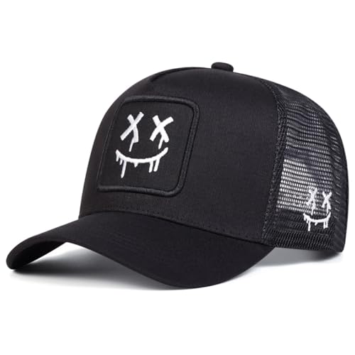 SPKTCHEN XX Smile Face Mesh Cap Adjustable Baseball Hat with Embroidered Smile Design Breathable Mesh for Men Women Summer Sun Hat Black