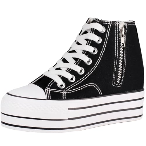 wealsex Baskets Montantes Compensées pour Femme en Toile Dentelle et Fermeture Éclair Chaussures à Semelle Cachée Confortable et Élégant (Noir,35)