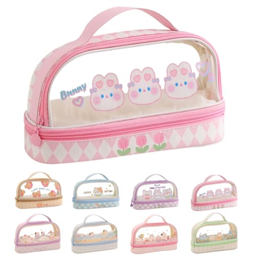 NIORYUZ Bolsa de lápis de coelho com alça coelho gatinho urso filhote estojo de caneta bolsa cosmética transparente à prova d'água, Coelhinho rosa, Viagens