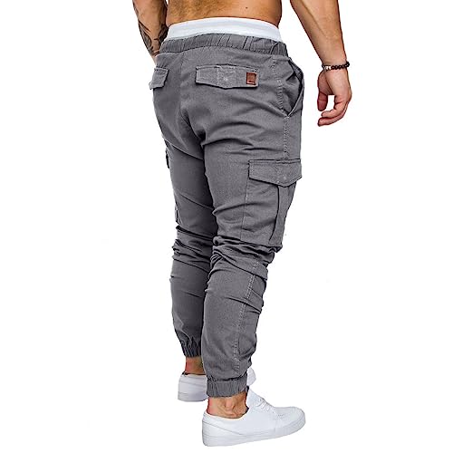 Cargo Pants for Men Regular Fit Drawstring Slacks Tapered Cotton Elastic Waist Multi Pockets Solid Sweatpants3