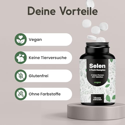 Selen hochdosiert 3-Fach-Komplex - 400 Tabletten - 200µg Selen aus drei Quellen (Selenhefe, Selenmethionin, Natriumselenit) - vegan & produziert in Deutschland