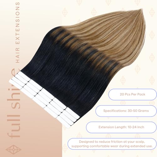 Image of Full Shine Hair Extensions Tape in, Off Black Honey Blonde Ombre 20 Inch | 50g 20PCS, Double Sided Tape in Extensions, Invisible Seamless Skin Weft Add Length for Soft Balayage Volume Styling