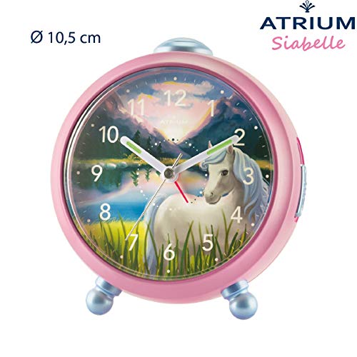 Atrium Kinderwecker Mädchen Siabelle Pferd Rosa Lila Weiß Analog Quarz ohne Ticken mit Licht und Snooze A932-17