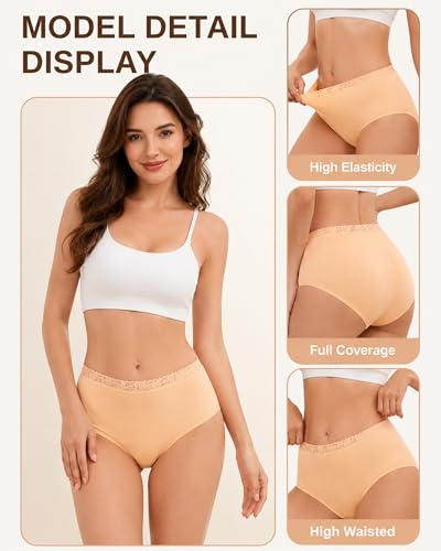 Image of UNDER THE SEA Cotton Underwear for Women High Waisted Lace Briefs Soft Breathable Womens Panties 5 Pack S-3XL