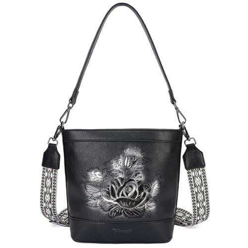 Image of Crossbody Purses for Women, Trendy Embossed Vegan Leather Bucket Bag, Travel Shoulder Handbag with 2 Detachable Straps