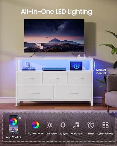 Image of SONGMICS BELLAH Collection - Dresser for Bedroom with App-Controlled LED Lights and Charging Station, Chest of Drawers, TV Stand, 5 Drawers, Shelf, Modern, Cloud White ULGS723WH05S