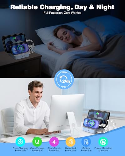 Image of MSTJRY Charging Station for Multiple Devices : 5 Port Multi USB-A Charger Stations Multi-Device Organizer Charging Dock Designed for iPhone iPad Cell Phone Tablets (7 Short Cables Included), Blue