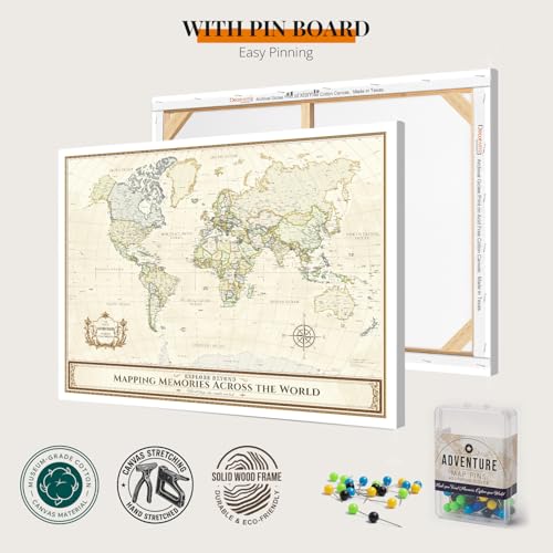 Image of DECORARTS - Oversized World Travel Map with Pins, Pin Board Canvas Wall Art, Extra Large Colorful Maps for Wall, Giclee Print, Handcrafted in USA, 40x30''