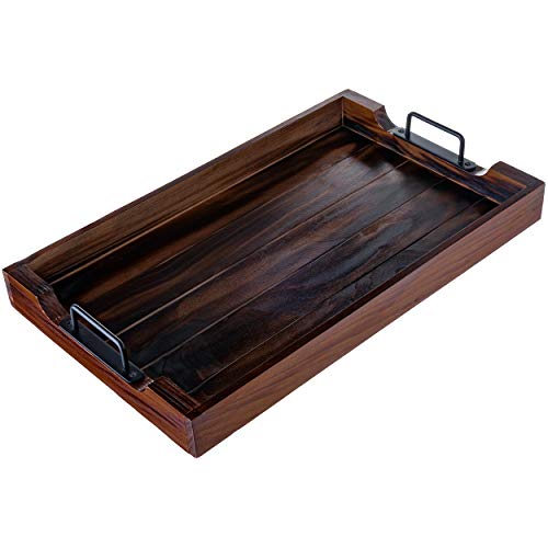 NOQRA Wooden Serving Tray 20 Inch with Strong Black Metal Handles - Decorative and Antique Large Wood Serving Trays for Breakfast/Coffee/Dinner/Ottoman Table - Food/Tea Serving Tray