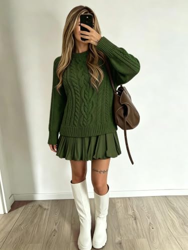 Bluetime Women's Patchwork Cable Knit Mini Dress Pleated Hem Loose Green L - image 4