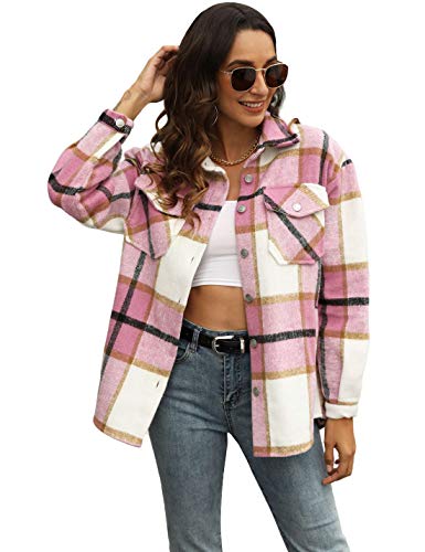 Uaneo Womens Casual Plaid Wool Blend Button Down Long Sleeve Shirt Jacket Shackets?Pink-M?