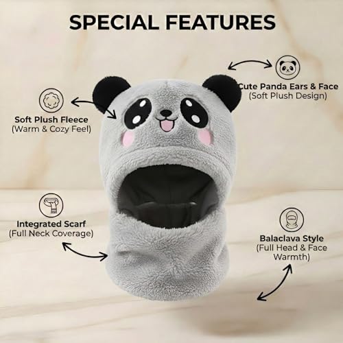 Image of Kraptick Winter Kids Monkey Cap - Cute Panda Plush Balaclava Hat with Neck Warmer Scarf Soft Woolen Fleece Lined Windproof Earflap Hood for Babies -3