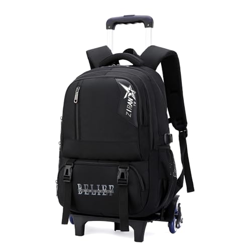IvyH Mochila Escolare Trolley para Niños Adolescentes, Mochila Colegio Niños con Carrito de 6 Ruedas Desmontable, Mochila Informal con Carro para la Escuela o Viajes- Negro