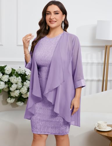 Image of ZOMVA Plus Size Sparkly Formal Dress Suit 2 Piece Mother of The Bride Groom Chiffon Jacket Outfit Cocktail Evening