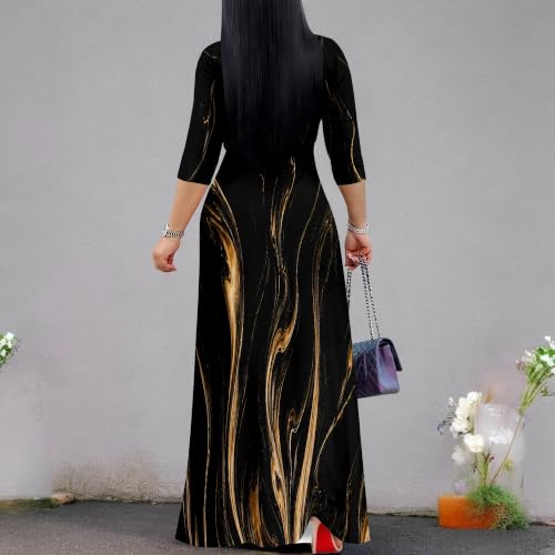 Image of Plus Size Maxi Dress for Women V Neck 3 /4 Sleeve Wrap Dress Black Gold XXL | Black Gold Floral Women's Maxi Dress