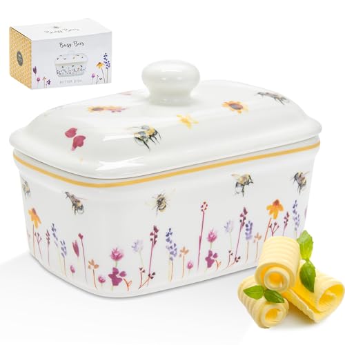 The Leonardo Collection Jennifer Rose Gallery Busy Bees Butter Dish with Lid | Decorative Ceramic Butter Keeper for Kitchen Use | Charming Bee-Themed Dish for Dining Table Or Gift Giving