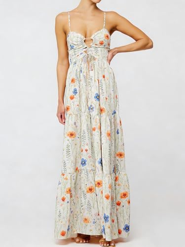 Image of Womens Summer Floral Spaghetti Strap Backless Low Cut Smocked Milkmaid Flowy Beach Sundresses
