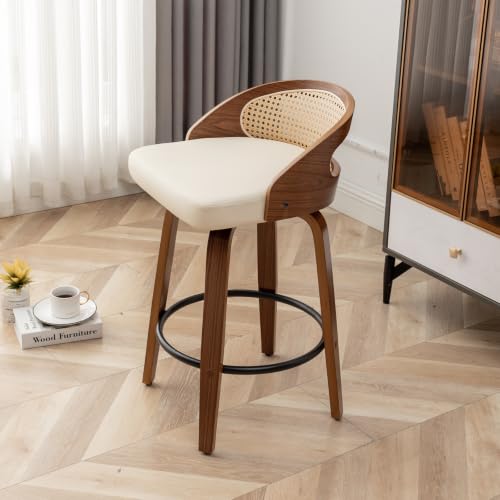 Image of Swivel Rattan Bar Stools with Back,Beige Leather Barstool Chairs