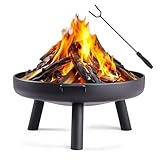 LEADZM Feuerschale Ø70 cm Eisenkonstruktion | Mit 2 stabilen Griffen + Feuerhaken, Feuerkorb für Holz & Kohle, Feuertonne als Feuerstelle für Garten Terrasse Outdoor Lagerfeuer Schwarz