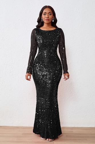 VERWIN Women's Sequins Bodycon Round Neck Long Sleeve Sparkly Mermaid Maxi Dress for Casual Party Cocktail2