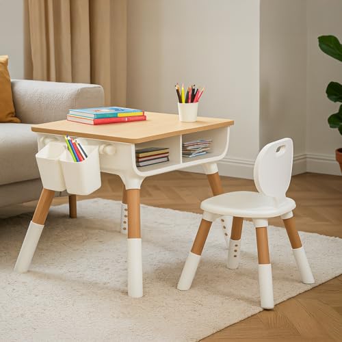 Image of BAYBEE Brilo Kids Study Table and Chair Set | 3 Level Height Adjustable for Baby | Plug & Play Assembly | Storage for School Supplies | Reading, Writing & Learning Table 2-10 Years (Brown)