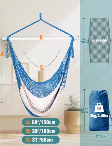Image of Chihee Handwoven Hammock Chair 7.9ft Detachable Strong Metal Spreader Bar | Stretchy Cotton Blended Rope Large Hanging Chair Ventilated Mesh Swing Seat Color Blocking Portable Carry Bag Indoor Outdoor