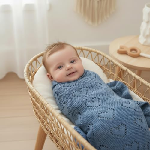Image of Heirloom Knit Heart Receiving Unisex Blanket for Boys - 100% Luxury Cotton Baby Blanket - Soft Warm Swaddle Crib Receiving Blanket for Newborns Infants & Toddlers (Denim Blue)