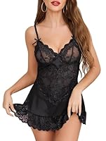 Vlazom Damen Babydoll Dessous Sexy Spitze Negligee V-Ausschnitt Nachtwäsche Kleid mit G-String（XL，Schwarz）