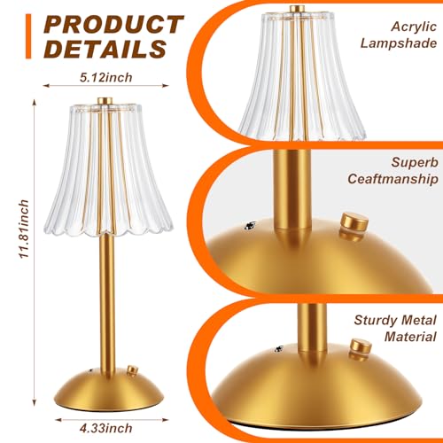 Image of Liliful 30 Pcs Cordless Table Lamp Rechargeable Touch LED Small Gold Portable Battery Operated USB-c Desk Lamp 3 Color Dimmable for Bedroom Living Room Dining (Gold,Rose Style)