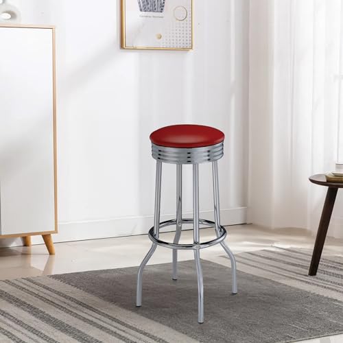 Butaco Benjara de 30 pulgadas, juego de 2 butacos retro con asiento de cuero sintético rojo y patas cromadas miniatura 2