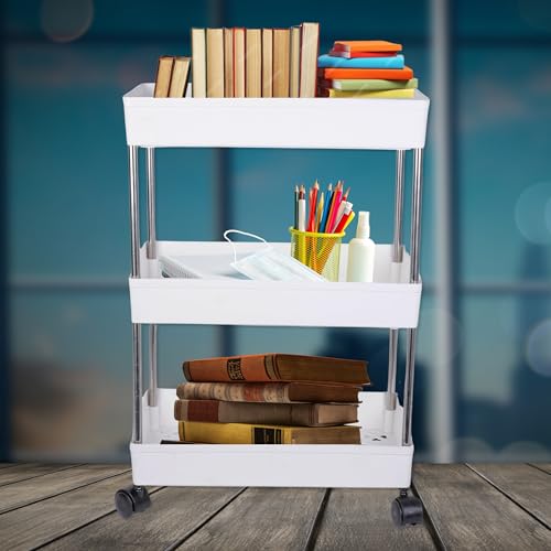 Image of Multipurpose 3-Tier Storage Shelf, Storage Rack with Wheels, Storage Organizer Cart for Kitchen, Pantry Closet, Bedroom, Bathroom(3 Layer, White)