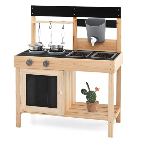 Image of HONEY JOY Fir Wood Outdoor Play Kitchen for Toddlers, Realistic Faucet & Water Tank, Stoves, Sink, Storage Shelf, Outside Kitchen Playset, Mud Kitchen for Kids Outdoor Backyard