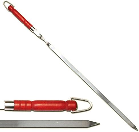 4 x extra long stainless steel barbecue skewers, 77 cm long, 1.5 cm wide, 3 mm thick, with wooden handle.