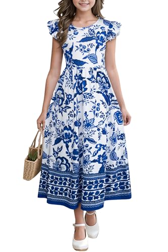 Girl's Dress Summer Boho Floral Flutter Sleeve Party Casual A Line Vacation Maxi Dress 9-14 Years