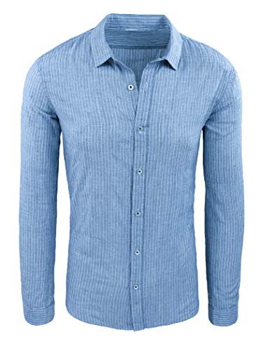 Chemise en lin homme à rayures bleu ciel avec coupe slim fit