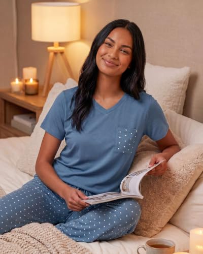 Image of Real Essentials 2 Pack: Women's Comfy Pajama Sets - Short Sleeve Ladies Loungewear Sleepwear PJs (Available In Plus)