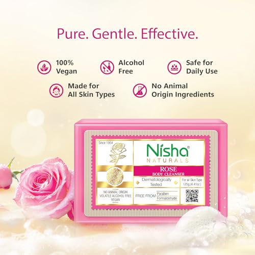 Image of Nisha Rose Body Cleansing Soap Bar 125g - Paraben Free, Vegan, Gentle Cleanse for Soft & Supple Skin, Suitable for All Skin Types, Men & Women